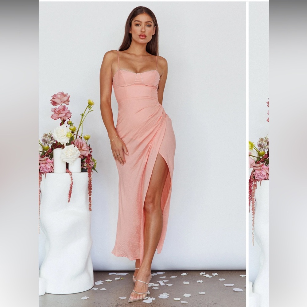 Here Comes The Sun- Shimmering coral Ruched Side-Slit Maxi Dress M